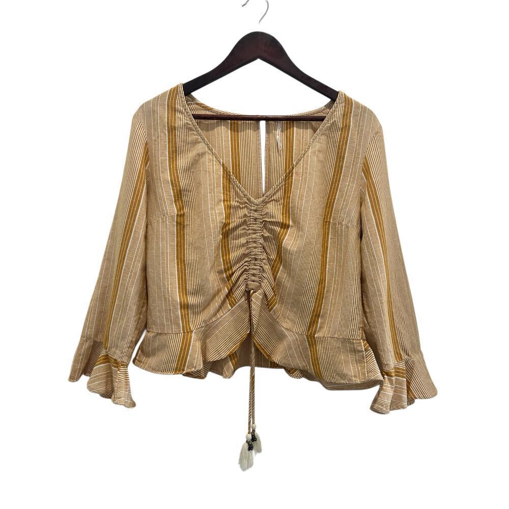 Free People Linen Blend Striped Ruffle Gathered Front Top Size L Boho